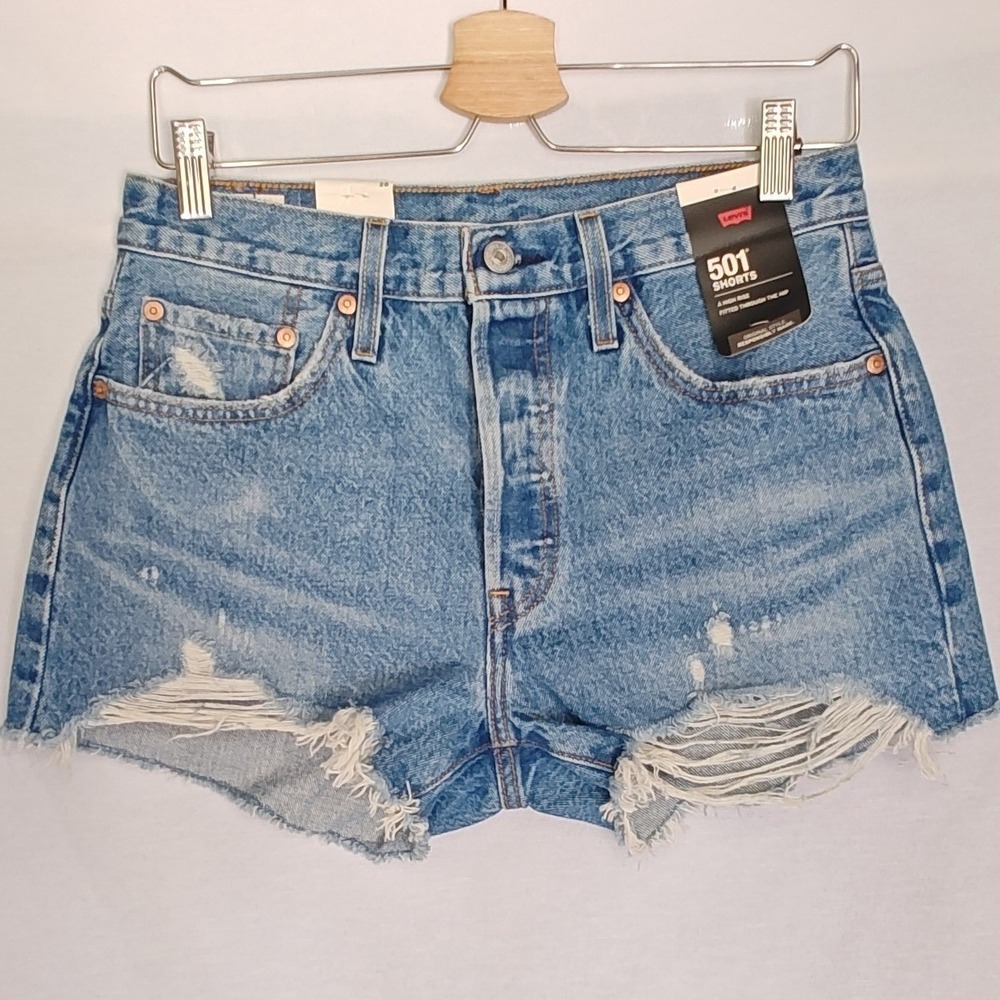 Levi's 501 Shorts 28 Blue High Rise Raw Hem Cut Off Denim 56327-0081 New - Picture 2 of 10